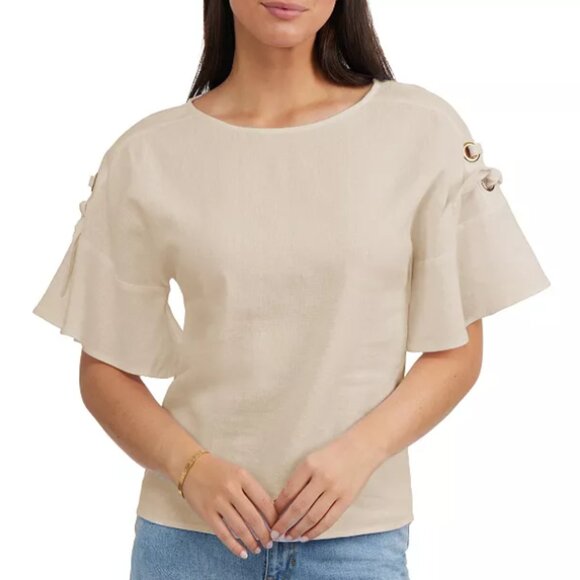 NWT Ellen Tracy Linen Top Grommet Eyelet & Tie Detail Dolman Sleeve size M Beige - Picture 1 of 17